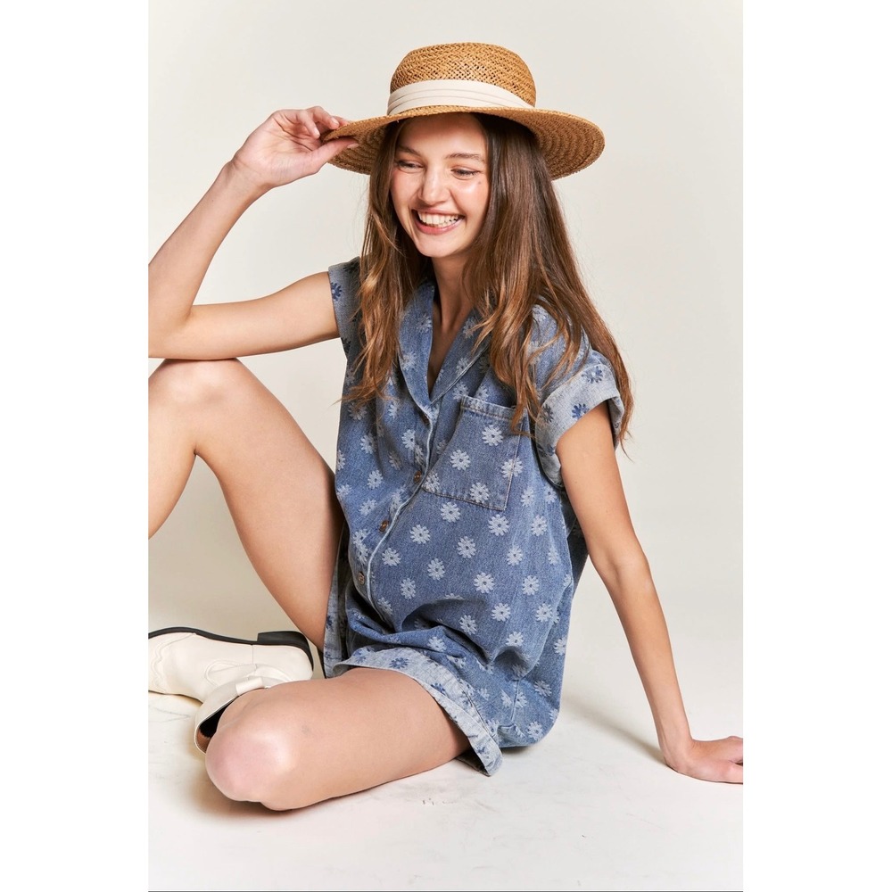Petal Dew Denim Floral Print Romper Blue Daisy Button Down Women Small
